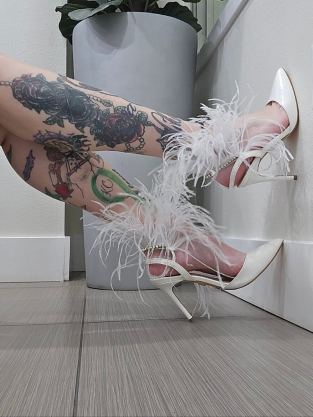 Feather-Trim White Stiletto Heels with Pearl Accent